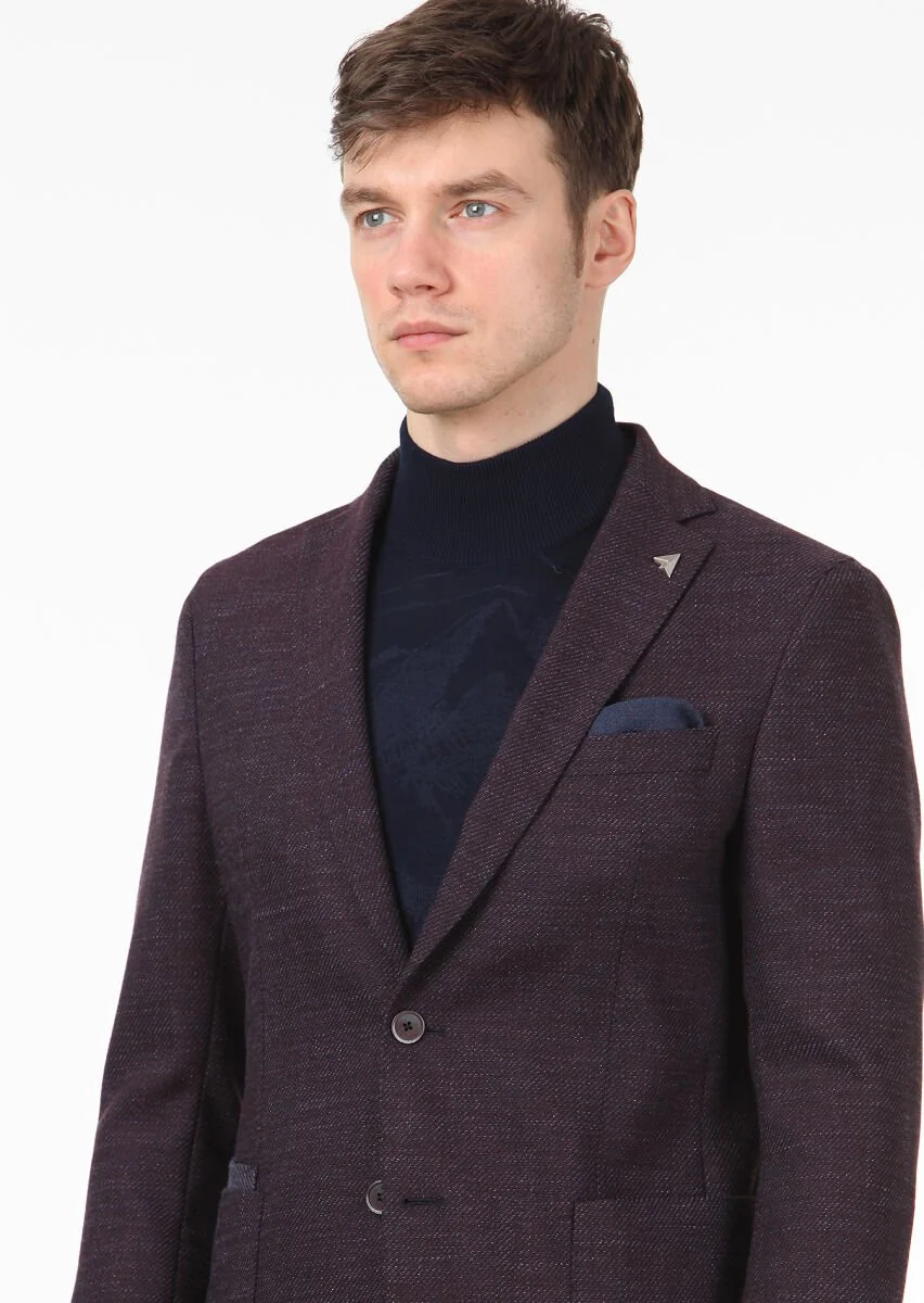 Burgundy Micro Modern Fit Wool Blended Jacket - 2