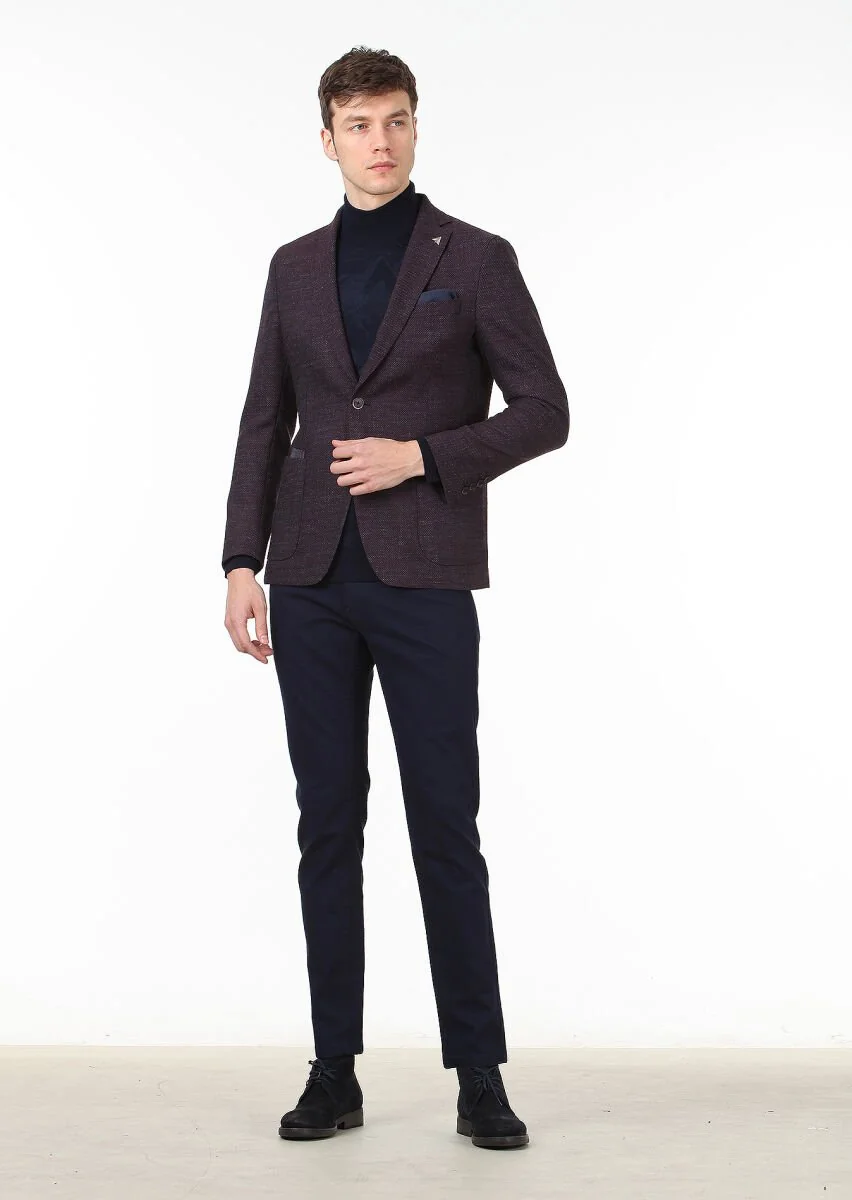 Burgundy Micro Modern Fit Wool Blended Jacket - 3