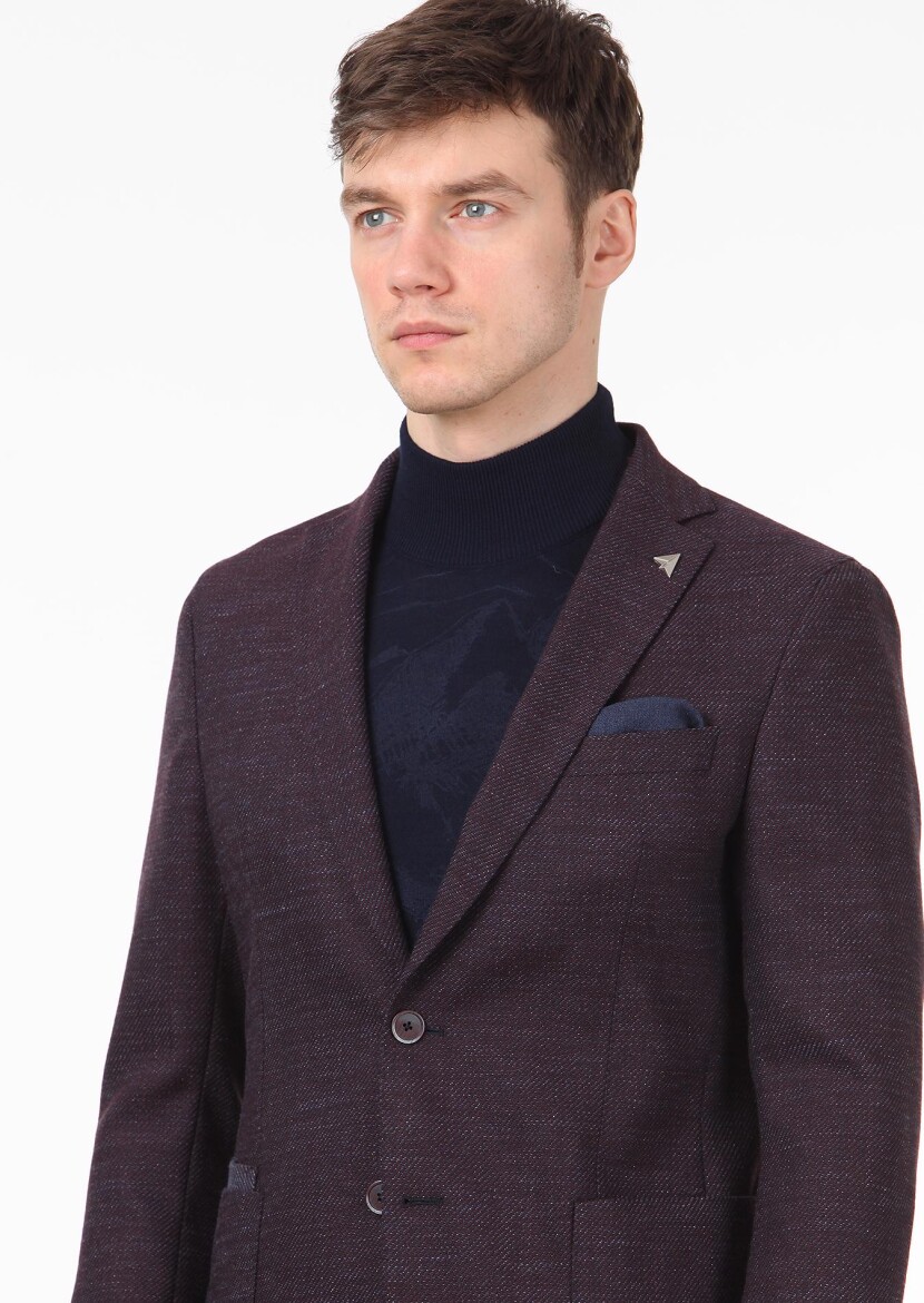 Burgundy Micro Regular Fit Wool Blended Jacket - 1