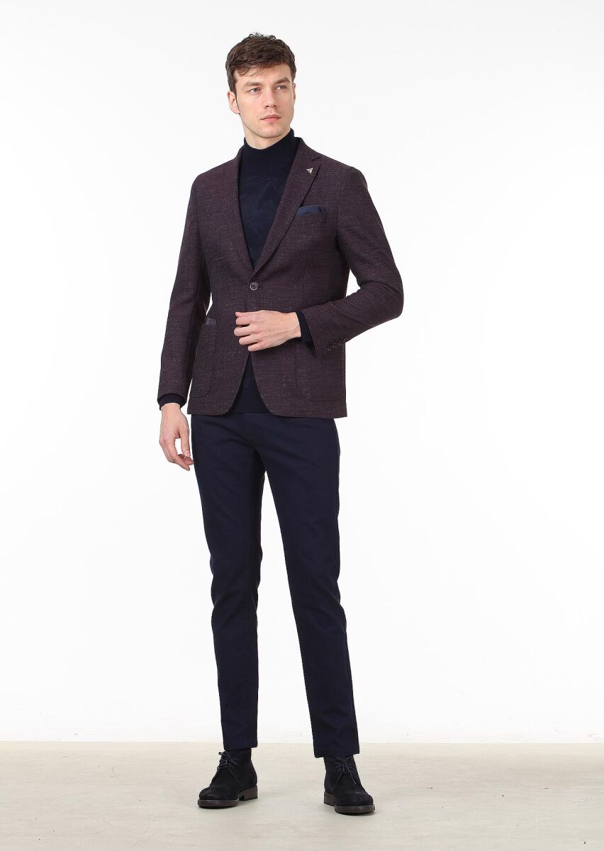 Burgundy Micro Regular Fit Wool Blended Jacket - 2