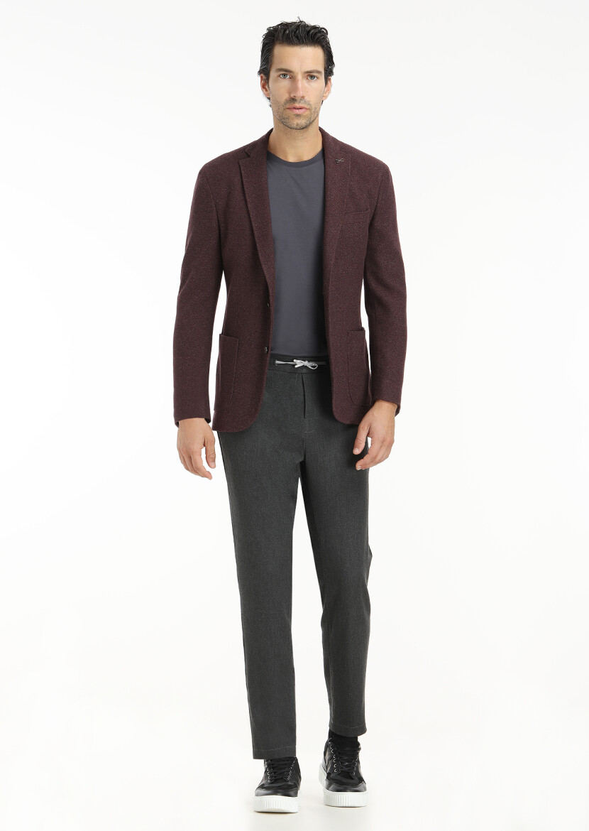 Burgundy Patterned Shirt Shoulder Slim Fit Wool Blended Jacket - 1