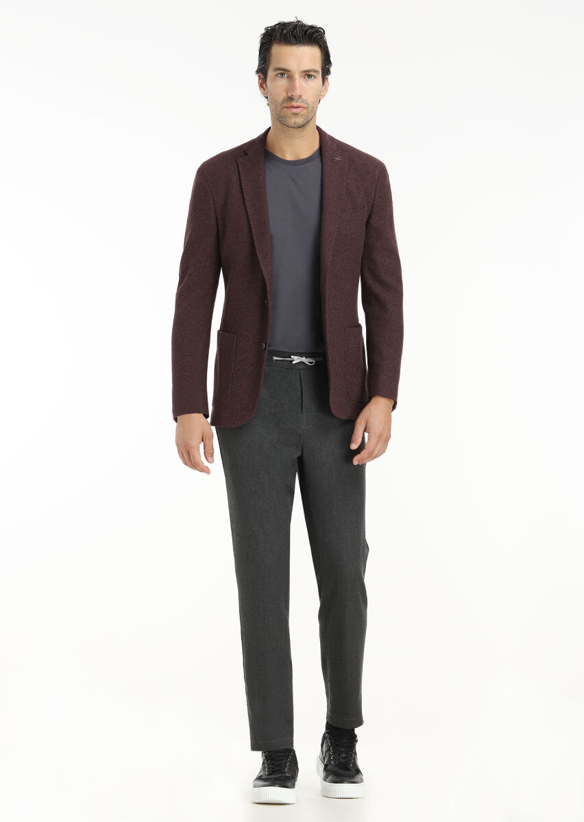 Burgundy Patterned Shirt Shoulder Slim Fit Wool Blended Jacket - 1