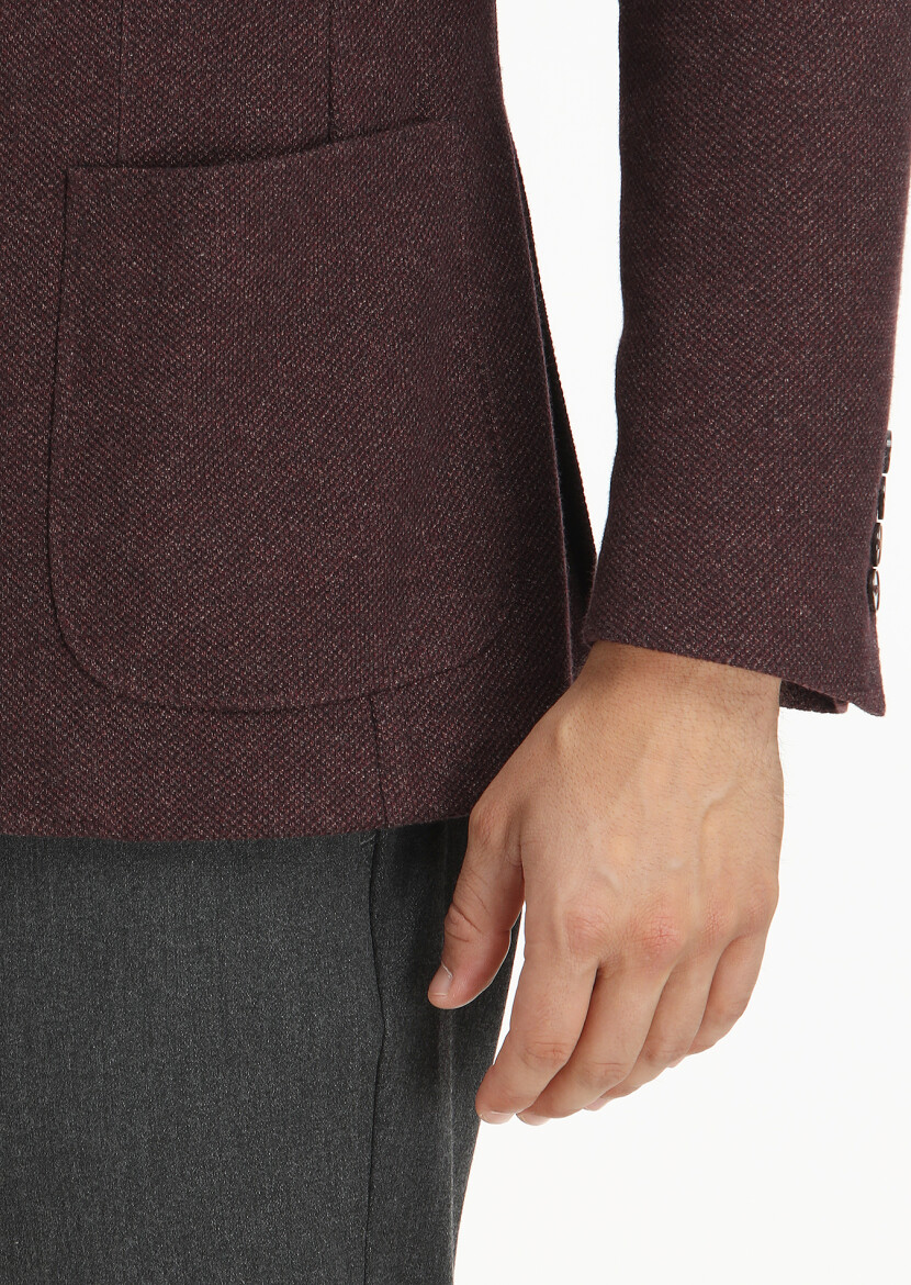 Burgundy Patterned Shirt Shoulder Slim Fit Wool Blended Jacket - 4
