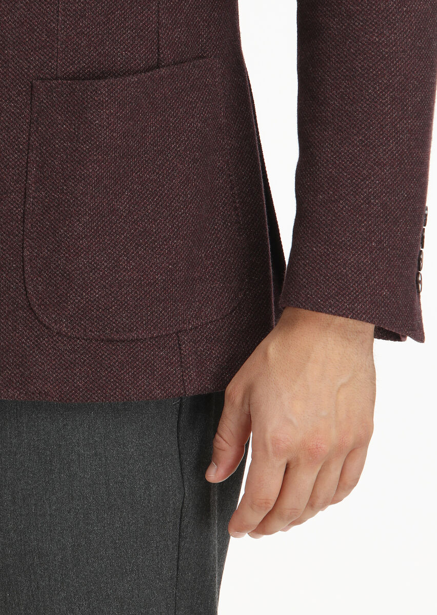 Burgundy Patterned Shirt Shoulder Slim Fit Wool Blended Jacket - 4