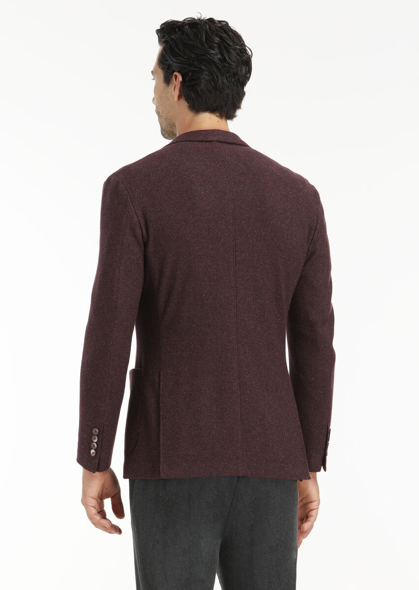 Burgundy Patterned Shirt Shoulder Slim Fit Wool Blended Jacket - 6