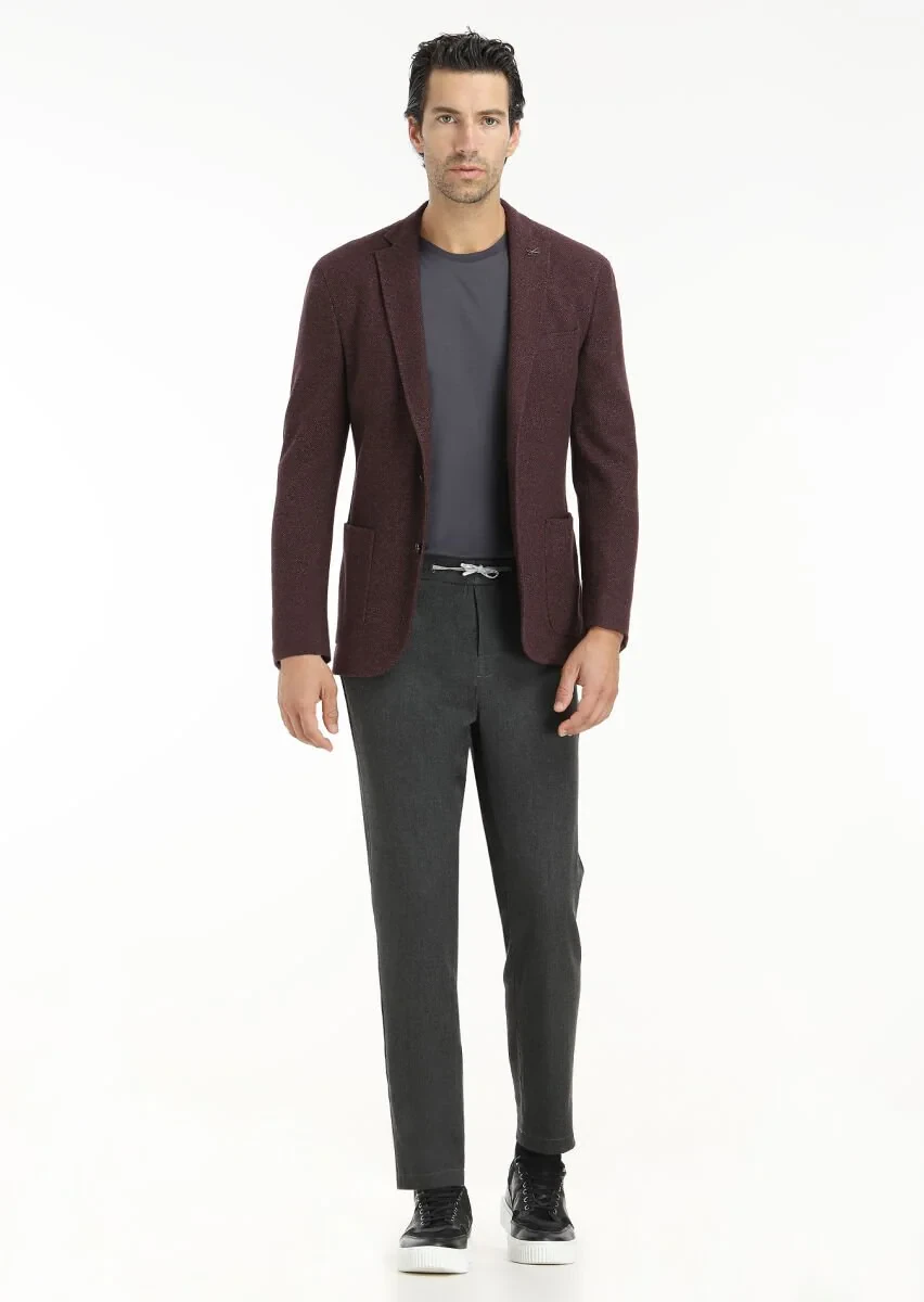 Burgundy Patterned Shirt Shoulder Slim Fit Wool Blended Jacket - 1