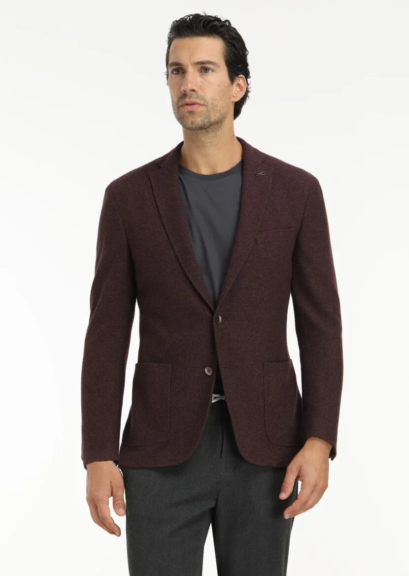 Burgundy Patterned Shirt Shoulder Slim Fit Wool Blended Jacket - 2