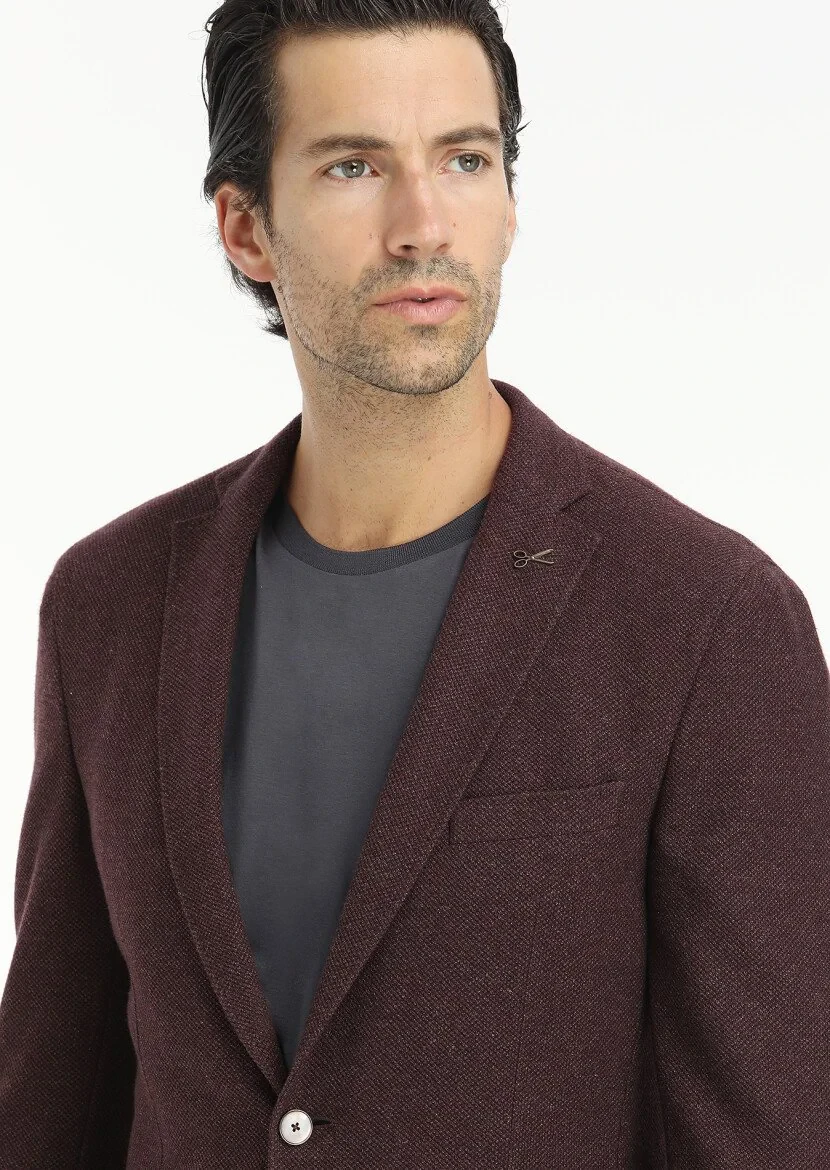 Burgundy Patterned Shirt Shoulder Slim Fit Wool Blended Jacket - 3