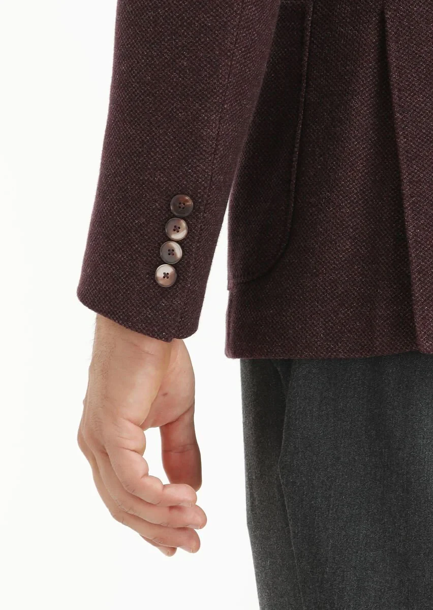 Burgundy Patterned Shirt Shoulder Slim Fit Wool Blended Jacket - 5