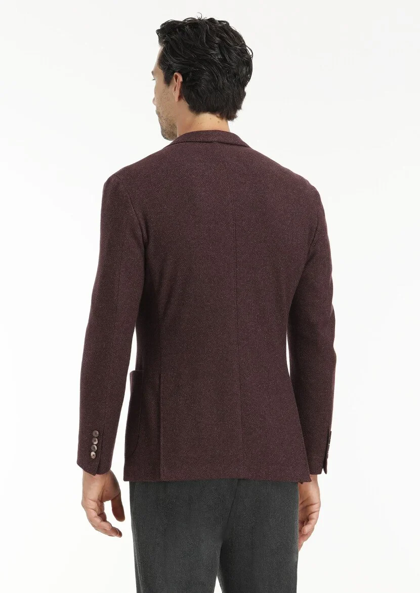 Burgundy Patterned Shirt Shoulder Slim Fit Wool Blended Jacket - 6