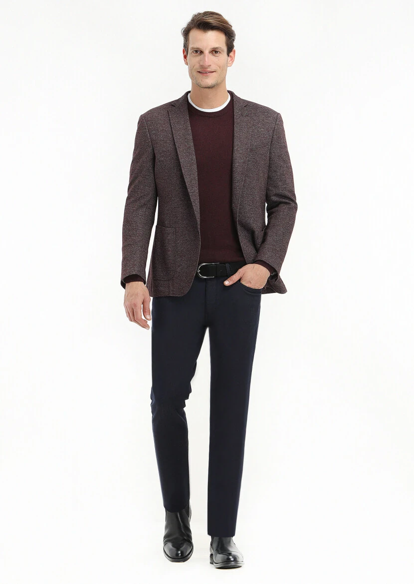 Burgundy Patterned Zeroweight Slim Fit Wool Blended Jacket - 1