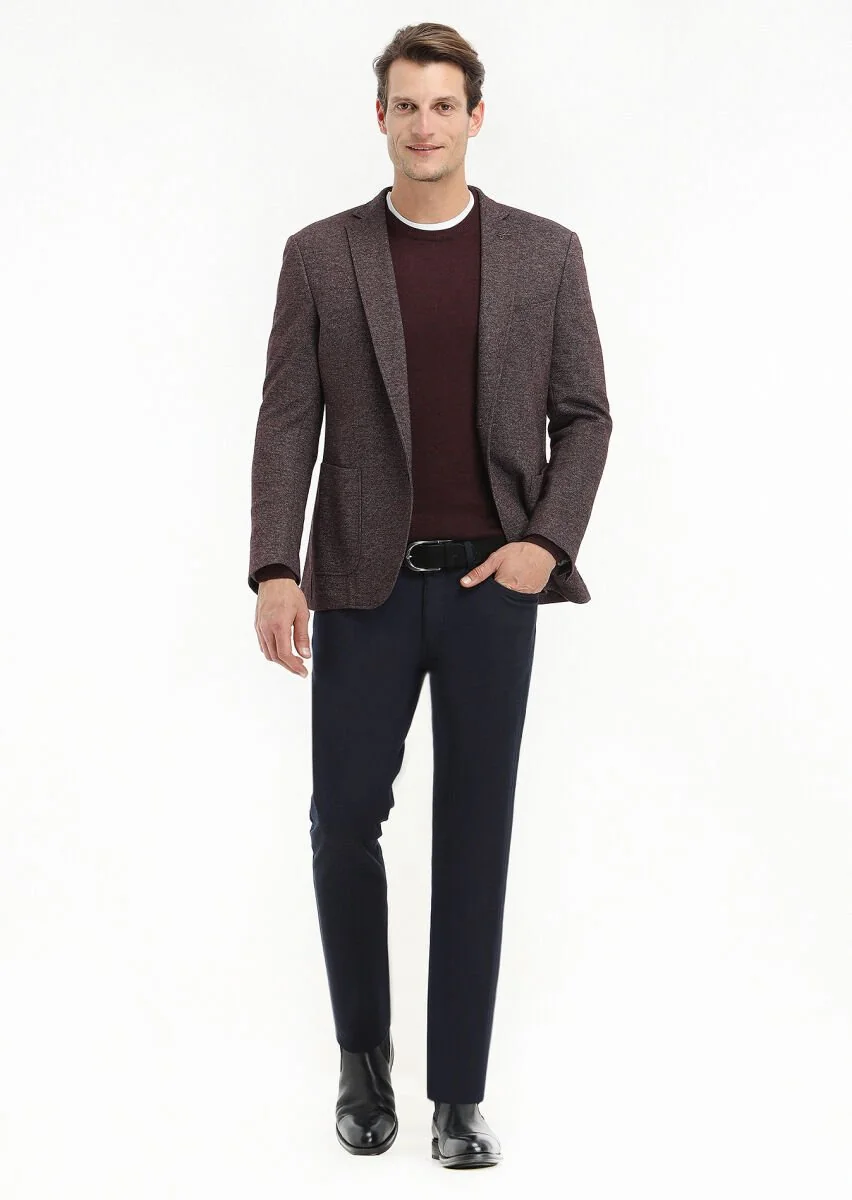 Burgundy Patterned Zeroweight Slim Fit Wool Blended Jacket - 1