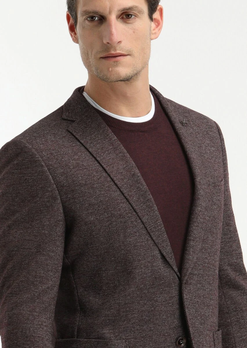 Burgundy Patterned Zeroweight Slim Fit Wool Blended Jacket - 2
