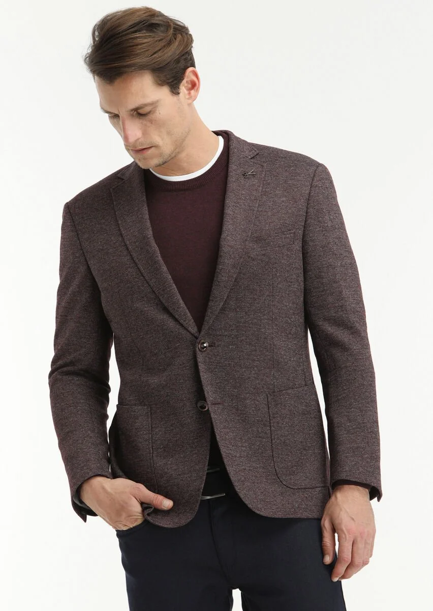 Burgundy Patterned Zeroweight Slim Fit Wool Blended Jacket - 3