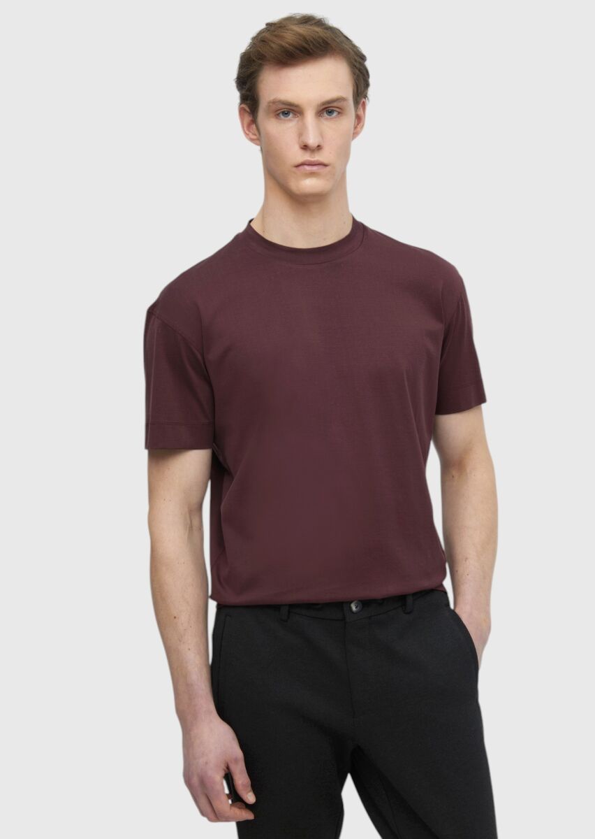 Burgundy Plain Crew Neck 100% Cotton T-Shirt - 3