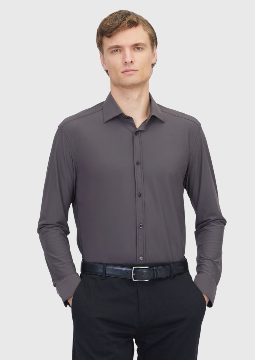 Burgundy Plain Regular Fit Long Knitting Classical Shirt - 1
