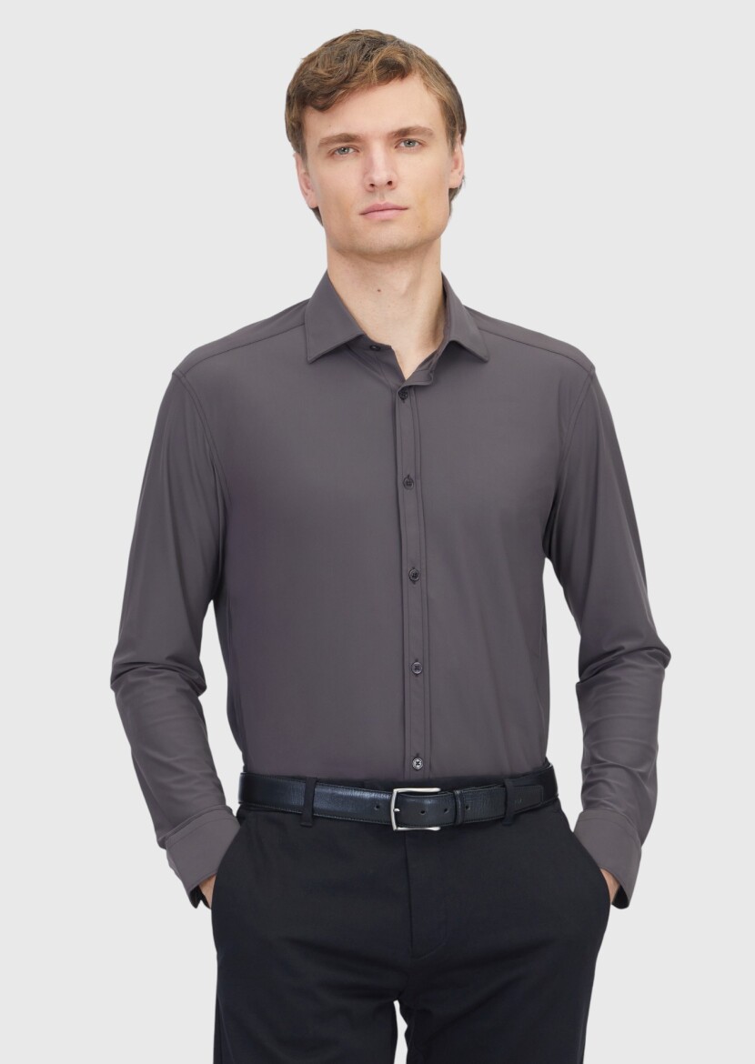 Burgundy Plain Regular Fit Long Weaving Classical Shirt - 1