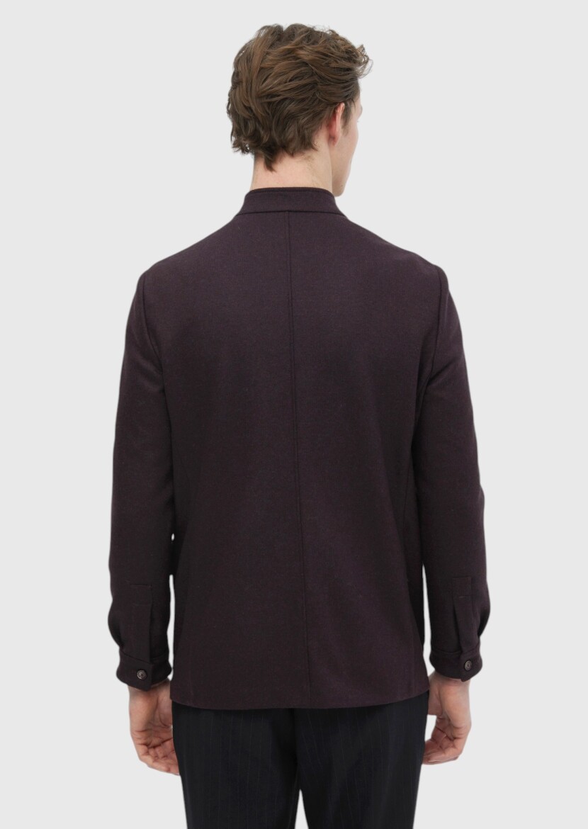 Burgundy Plain Shirt Shoulder Slim Fit Wool Blended Jacket - 7