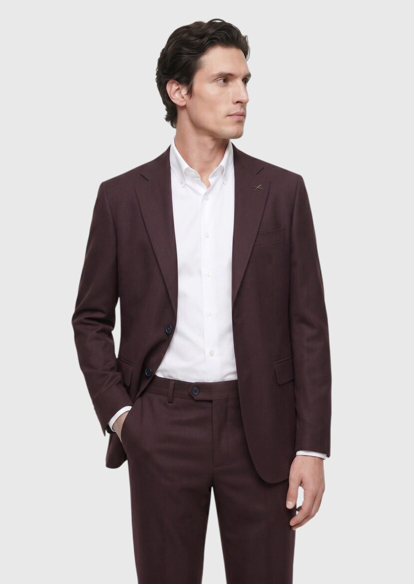 Burgundy Plain Zeroweight Slim Fit Wool Blended Suit - RAMSEY