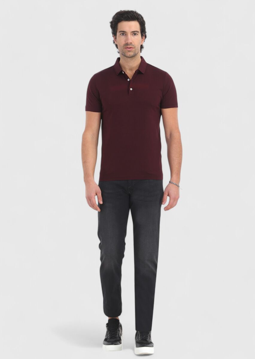 Burgundy Polo Neck 100% Cotton T-Shirt - 1
