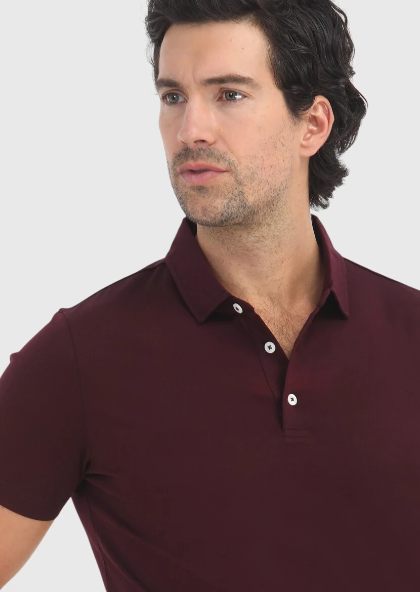 Burgundy Polo Neck 100% Cotton T-Shirt - 3