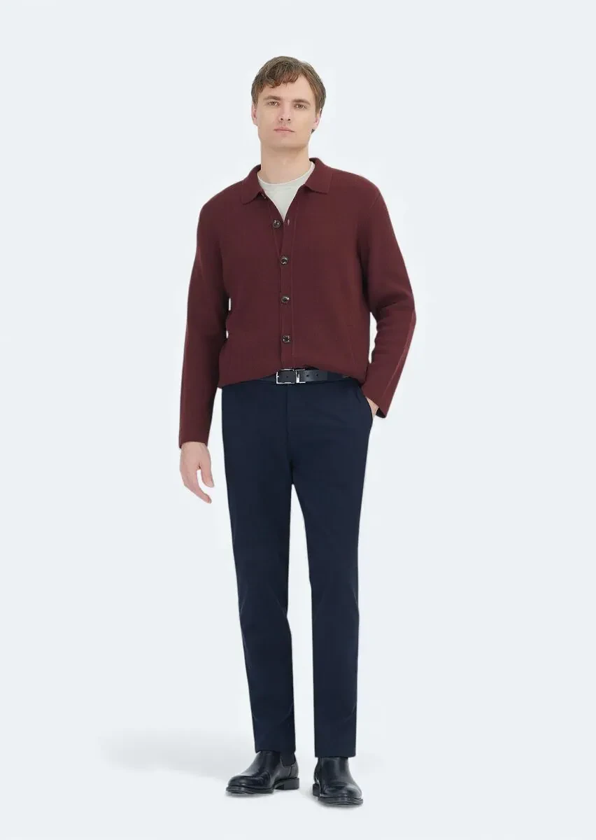 Burgundy Polo Neck Plain Knitting Wool Blended Cardigan - 2