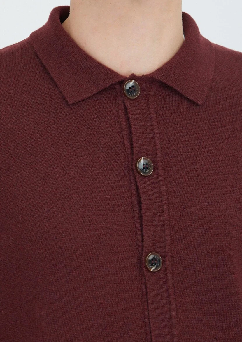Burgundy Polo Neck Plain Knitting Wool Blended Cardigan - 4