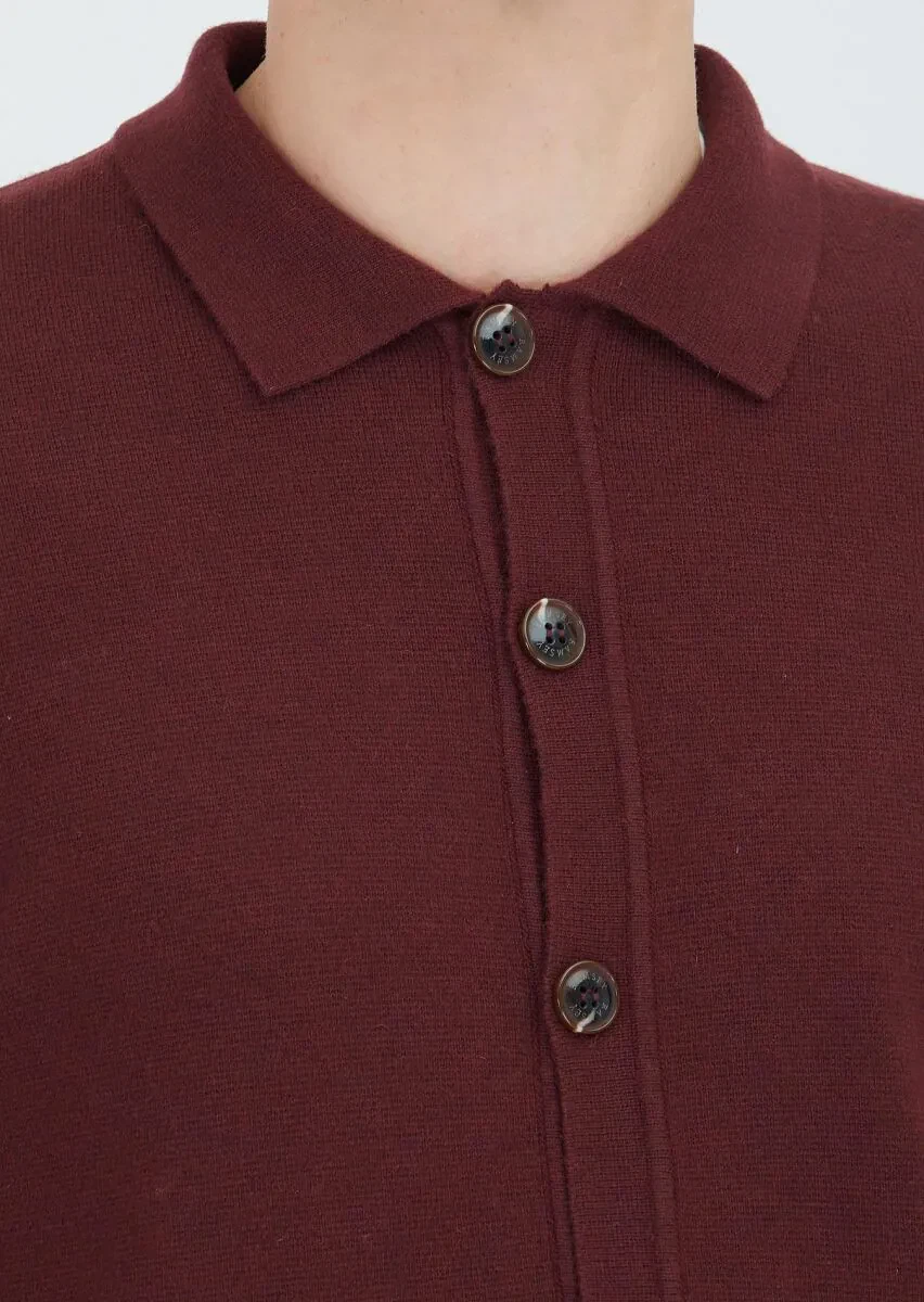 Burgundy Polo Neck Plain Knitting Wool Blended Cardigan - 4