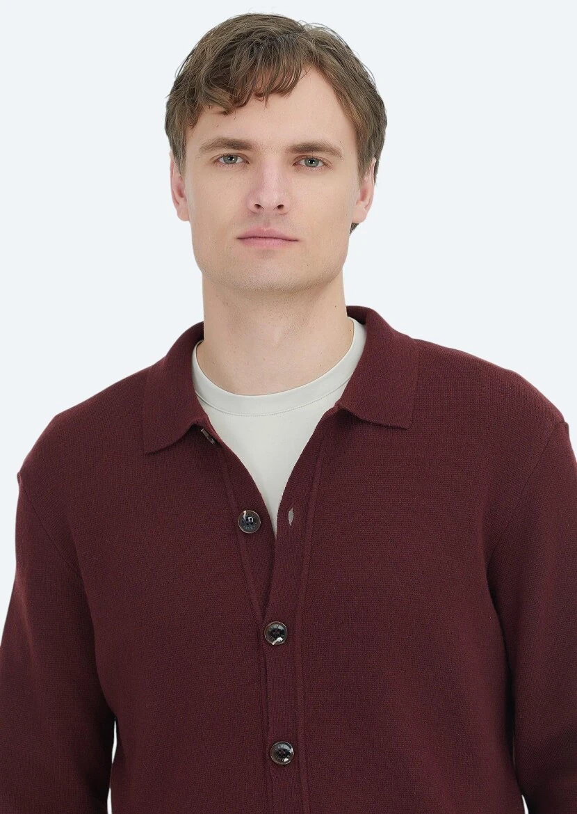 Burgundy Polo Neck Plain Knitting Wool Blended Cardigan - 5