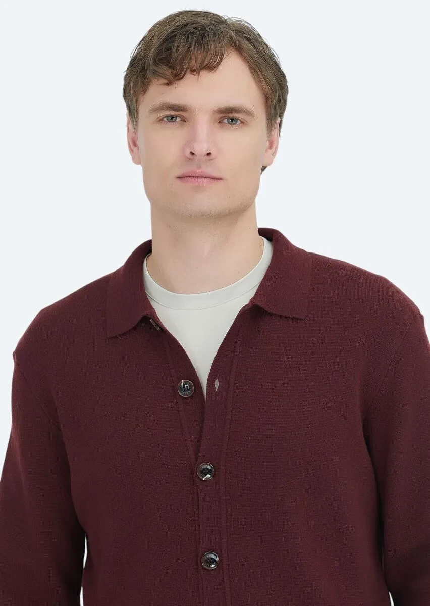 Burgundy Polo Neck Plain Knitting Wool Blended Cardigan - 5
