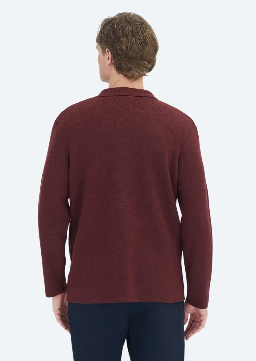 Burgundy Polo Neck Plain Knitting Wool Blended Cardigan - 7