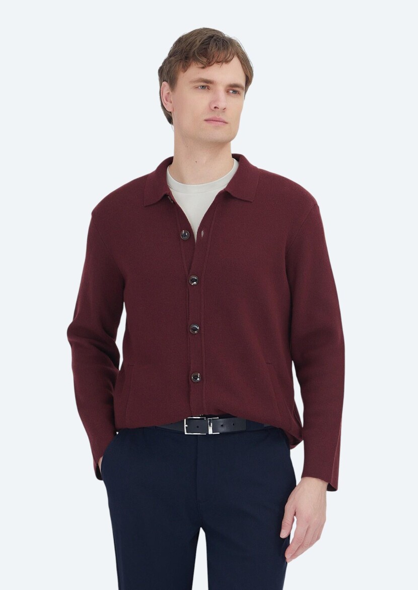 Burgundy Polo Neck Plain Knitting Wool Blended Cardigan - RAMSEY