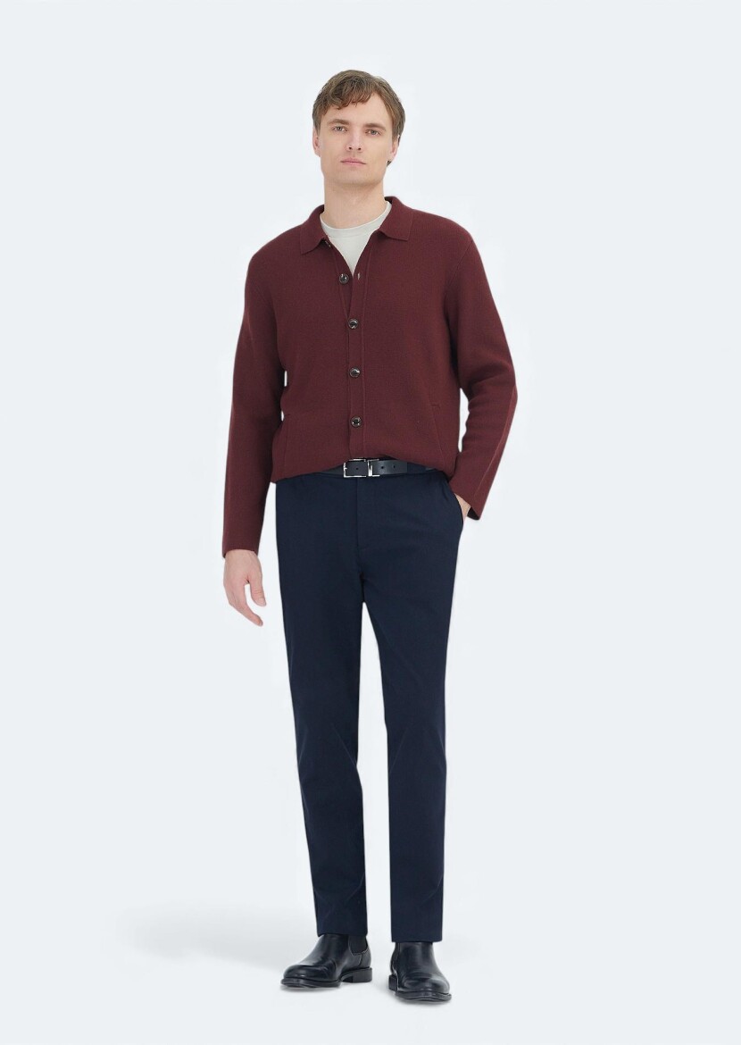 Burgundy Polo Neck Plain Knitting Wool Blended Cardigan - RAMSEY