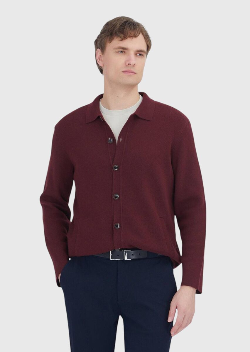 Burgundy Polo Neck Plain Knitting Wool Blended Cardigan - 1