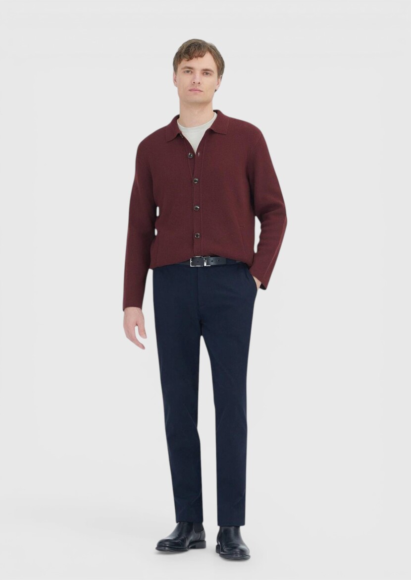 Burgundy Polo Neck Plain Knitting Wool Blended Cardigan - RAMSEY