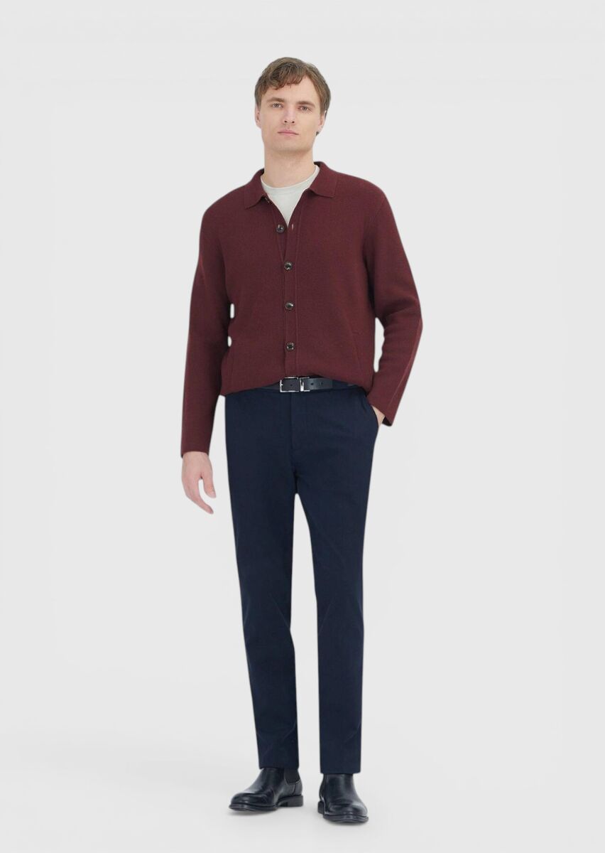 Burgundy Polo Neck Plain Knitting Wool Blended Cardigan - 2