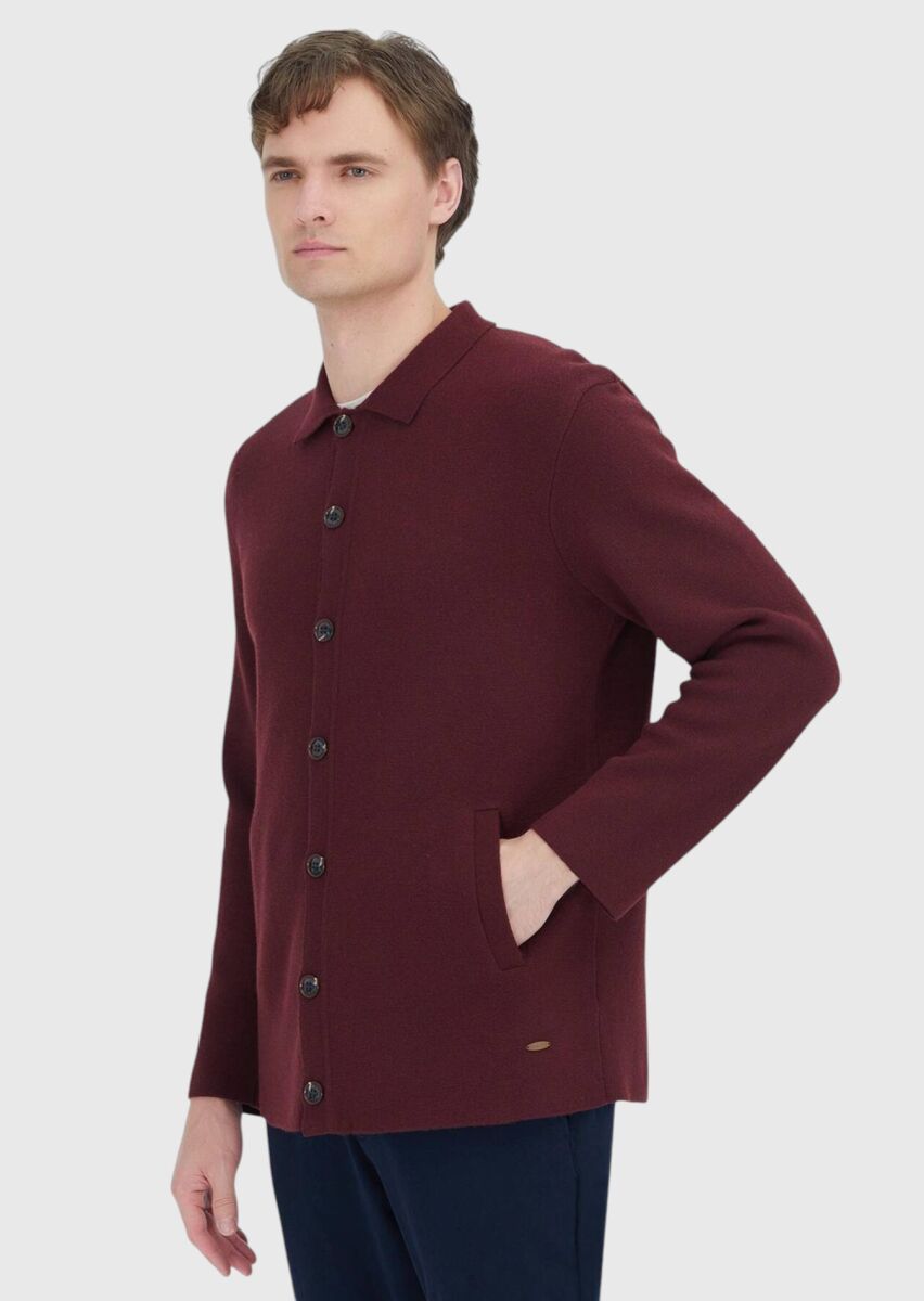 Burgundy Polo Neck Plain Knitting Wool Blended Cardigan - 3