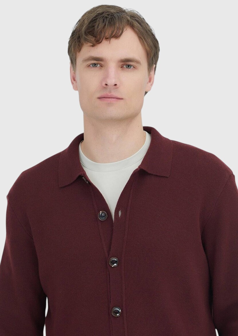 Burgundy Polo Neck Plain Knitting Wool Blended Cardigan - 5