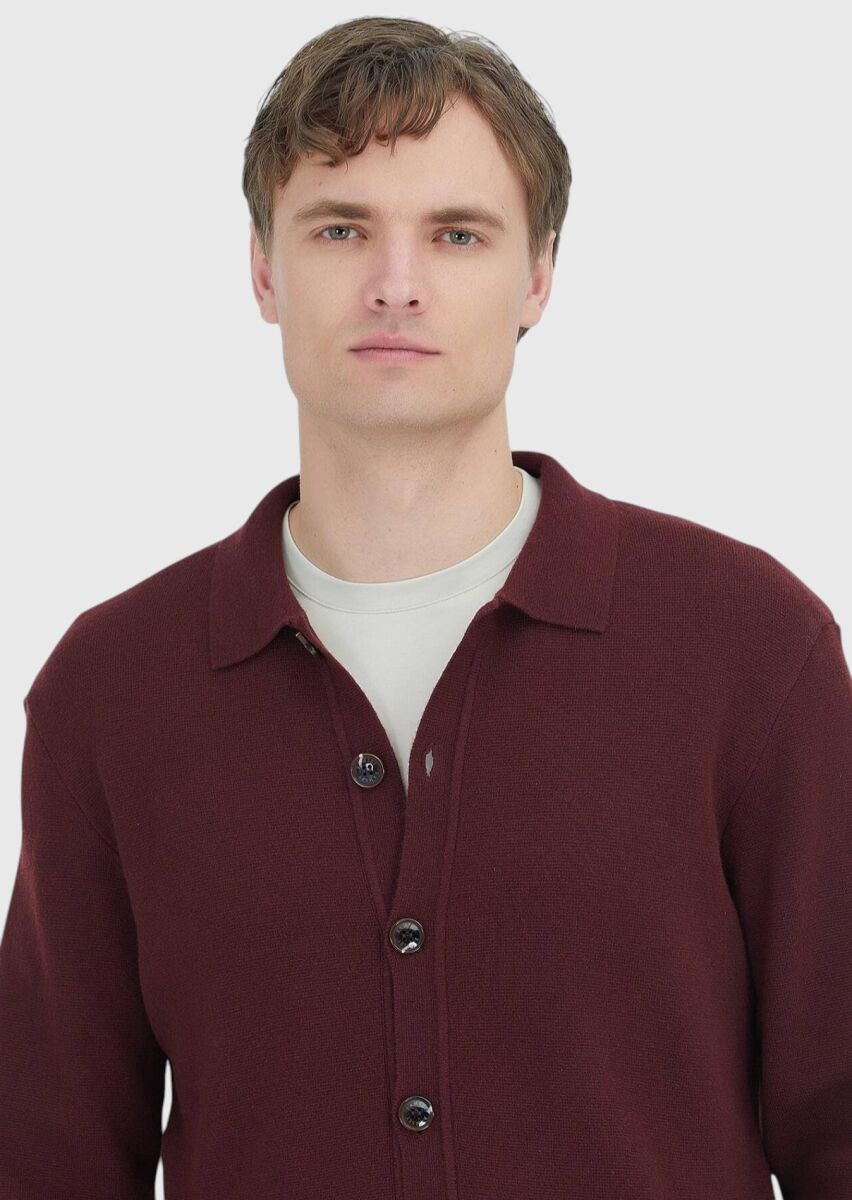 Burgundy Polo Neck Plain Knitting Wool Blended Cardigan - 5