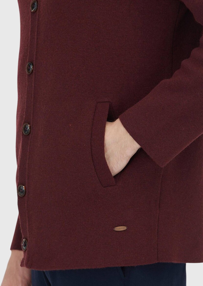 Burgundy Polo Neck Plain Knitting Wool Blended Cardigan - 6