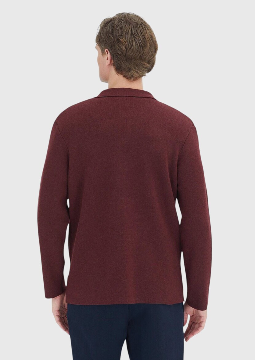 Burgundy Polo Neck Plain Knitting Wool Blended Cardigan - 7