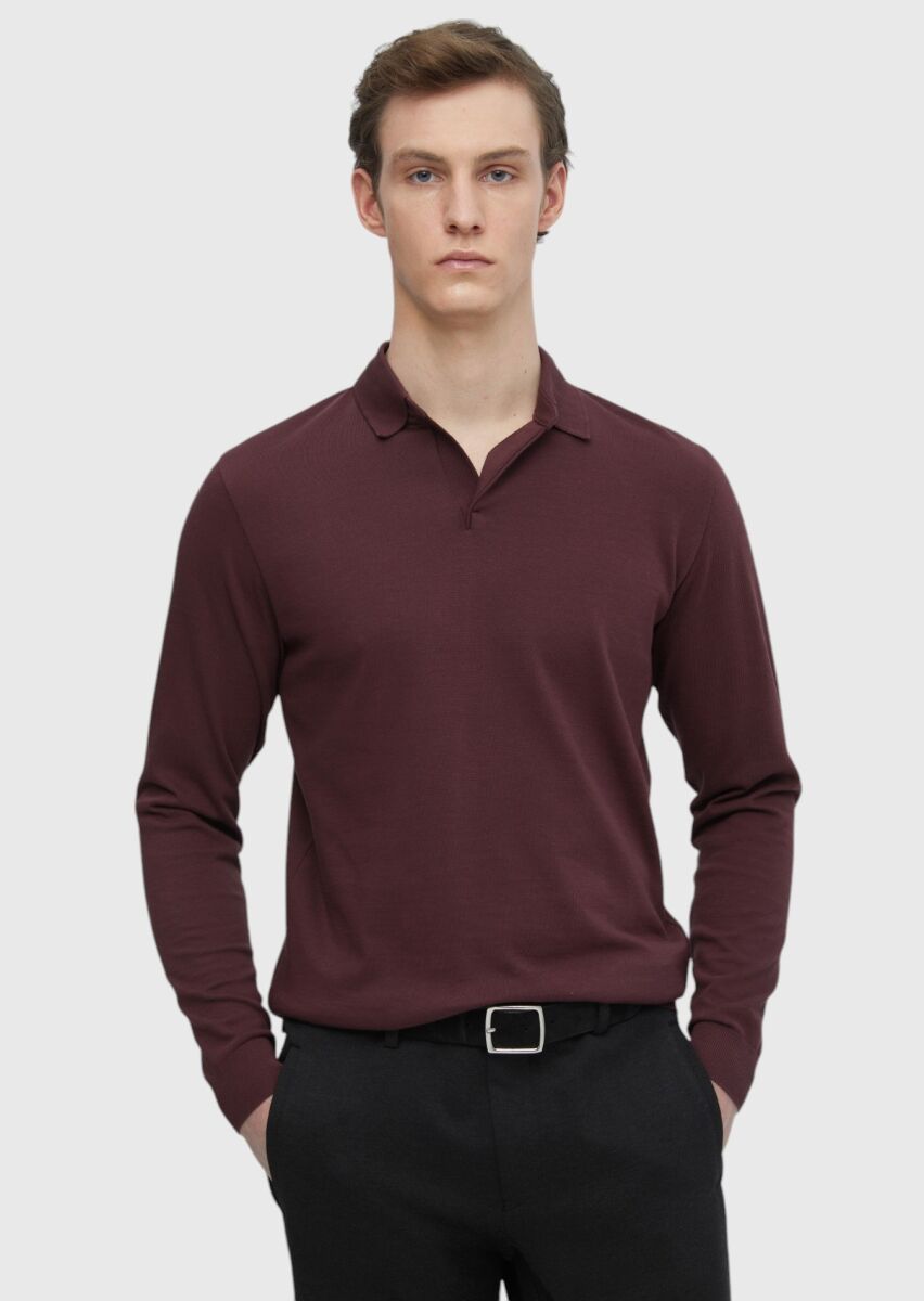 Burgundy Polo Neck Plain Sweatshirt - 1