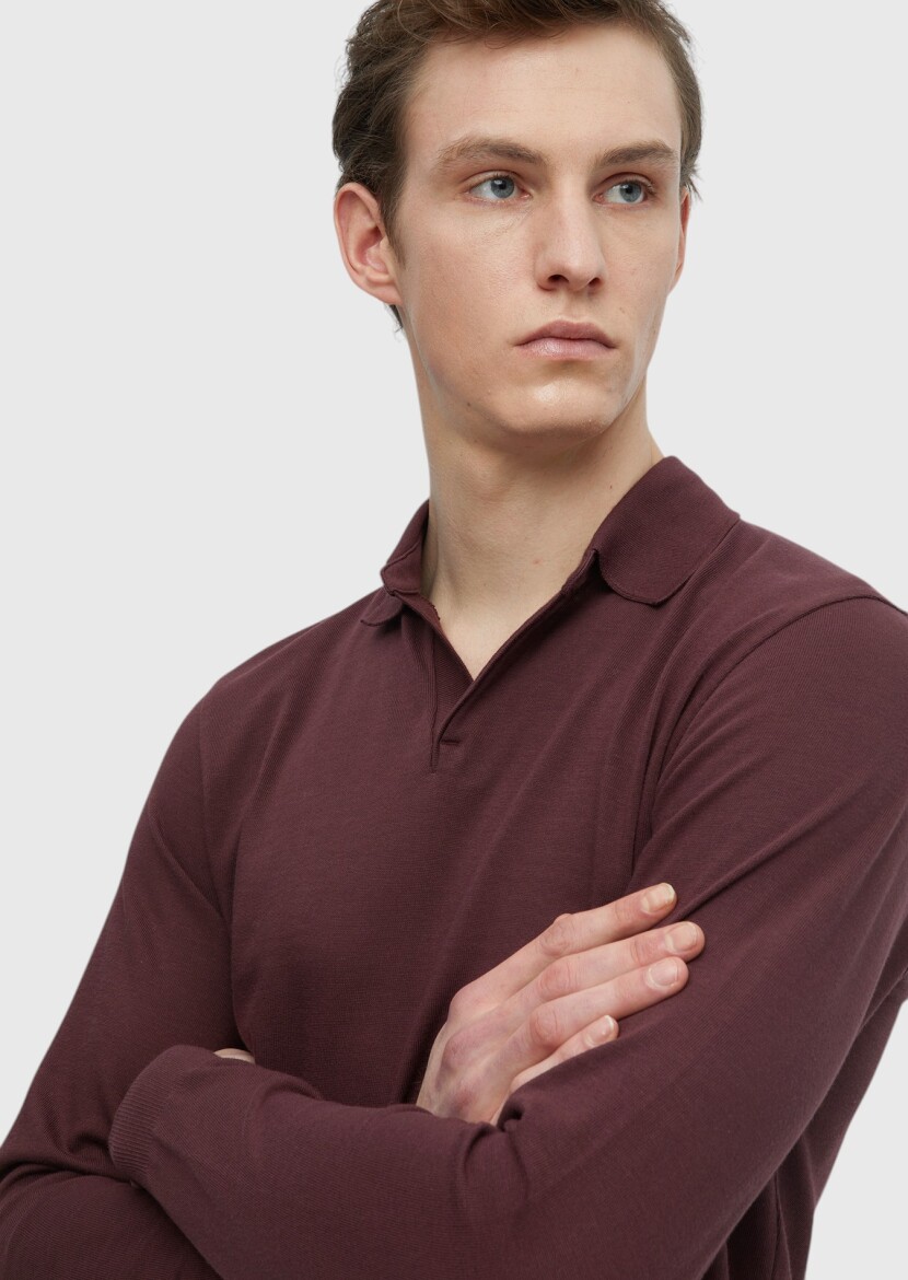 Burgundy Polo Neck Plain Sweatshirt - 5