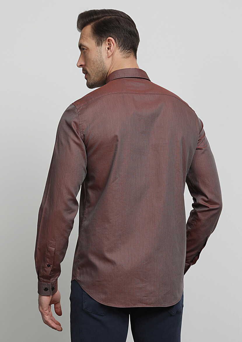 Burgundy Regular Fit Long Weaving Casual 100% Cotton Shirt - 4