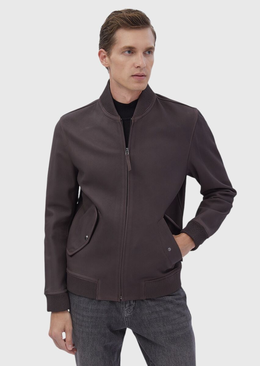 Burgundy Regular Fit Turtleneck Casual Leather Leather Coat - 1