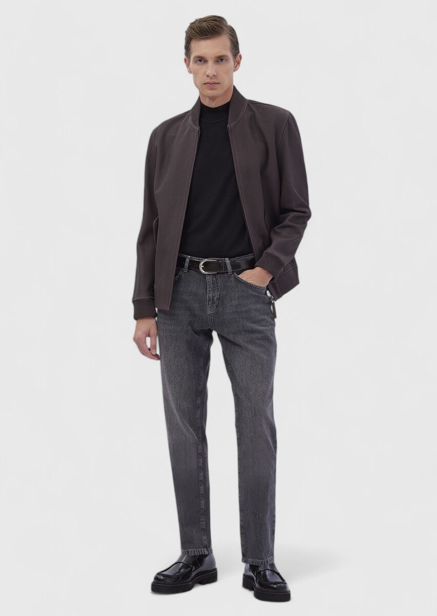 Burgundy Regular Fit Turtleneck Casual Leather Leather Coat - 2