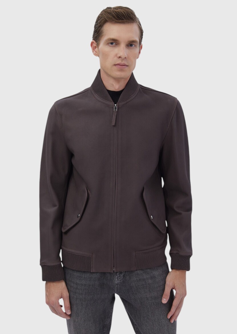 Burgundy Regular Fit Turtleneck Casual Leather Leather Coat - 4