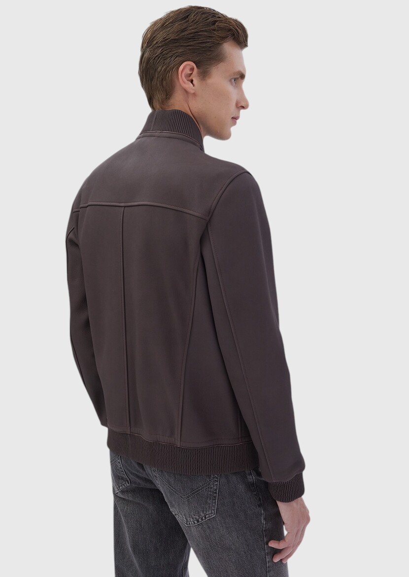 Burgundy Regular Fit Turtleneck Casual Leather Leather Coat - 6