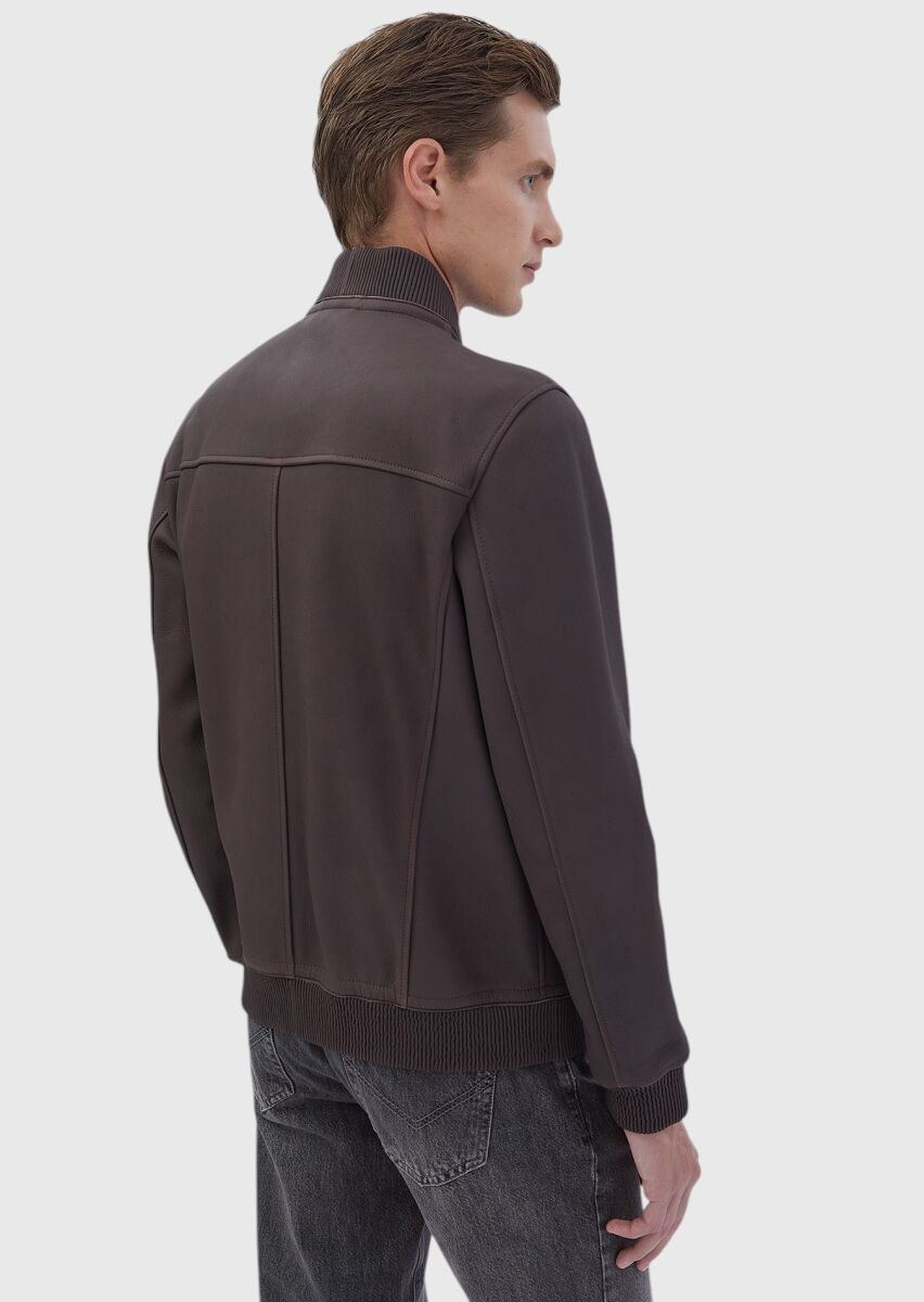 Burgundy Regular Fit Turtleneck Casual Leather Leather Coat - 6