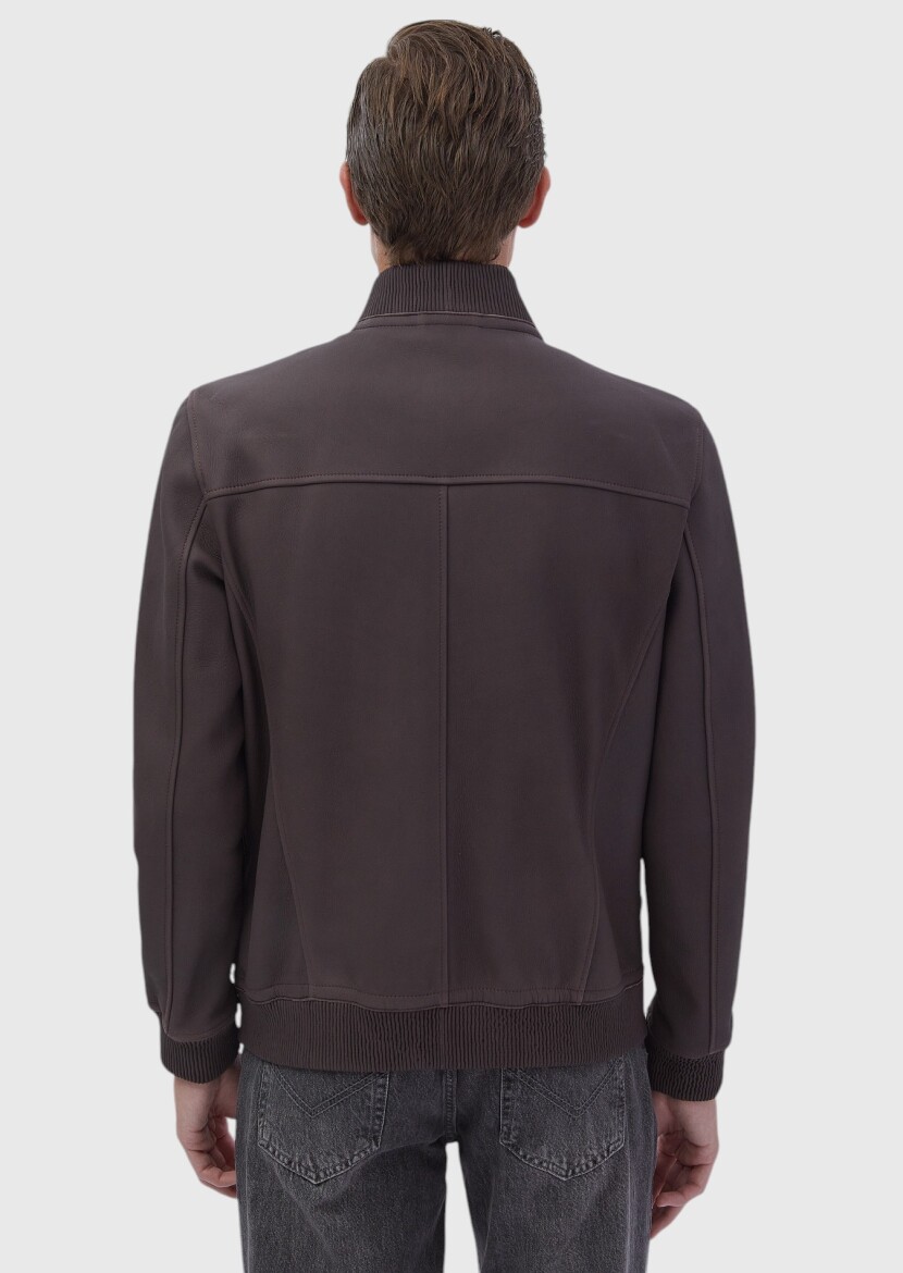 Burgundy Regular Fit Turtleneck Casual Leather Leather Coat - 7